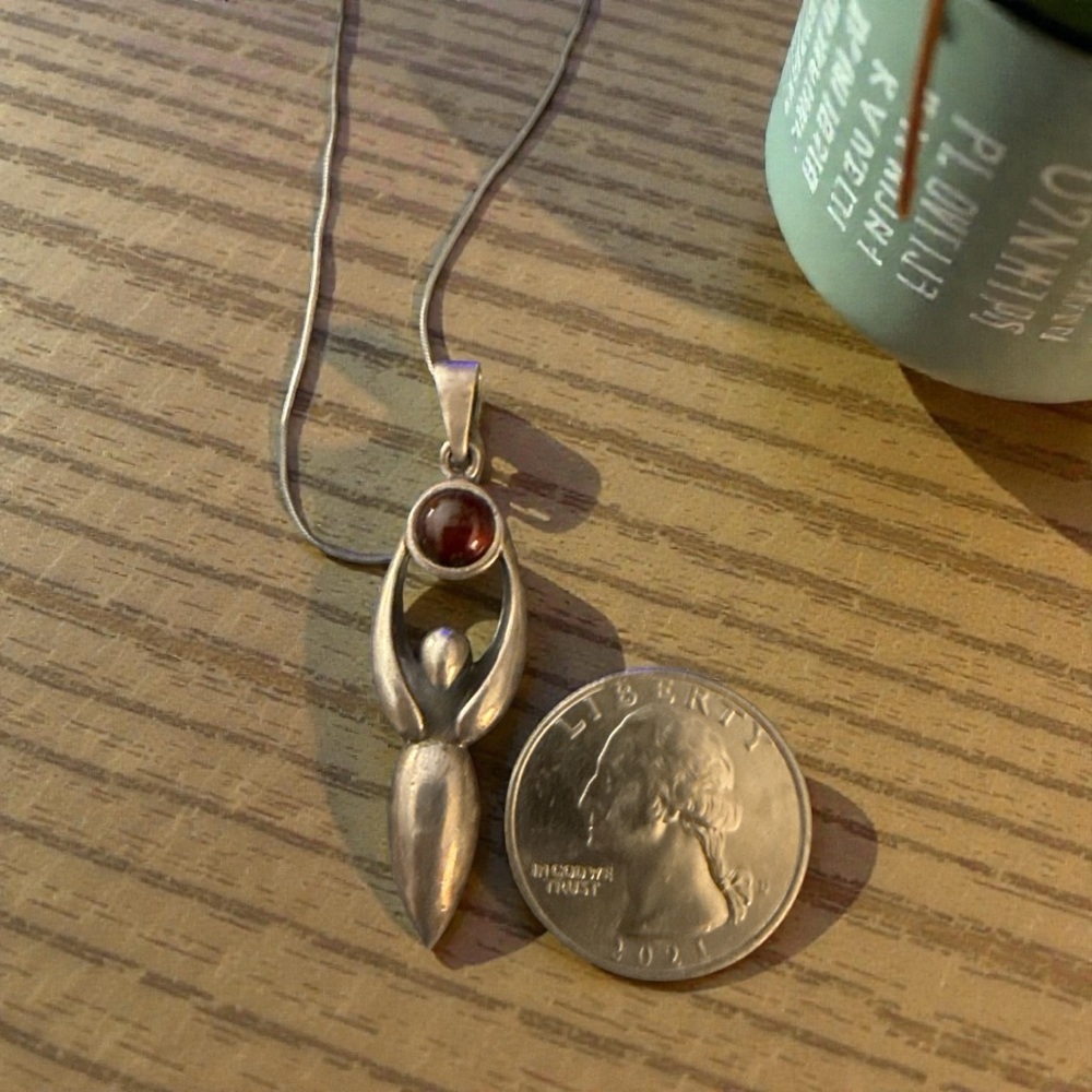 Vintage 925 Silver Goddess Holding A Garnet With 925 Silver Snake Chain